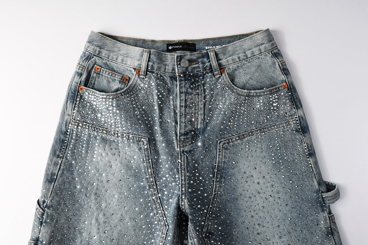 PURPLE Men Streetwear Cargo Denim Shorts Light Blue Wash with Rhinestone Embellishment and Distressed Details 5097