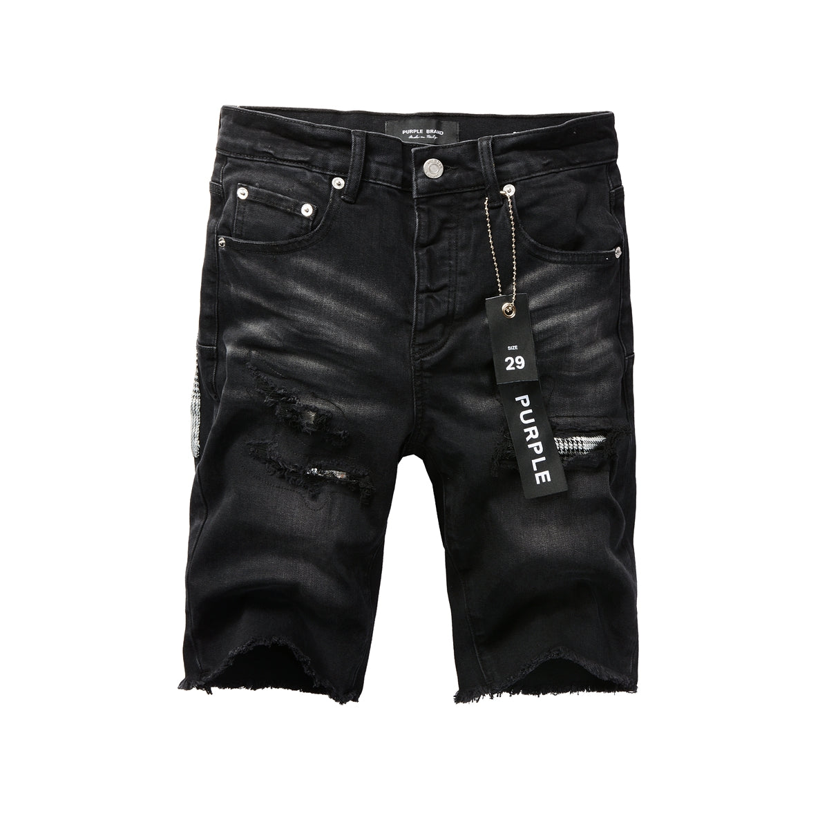 PURPLE Men Streetwear Denim Shorts Black Wash with Distressed Rips and Plaid Patches 5001