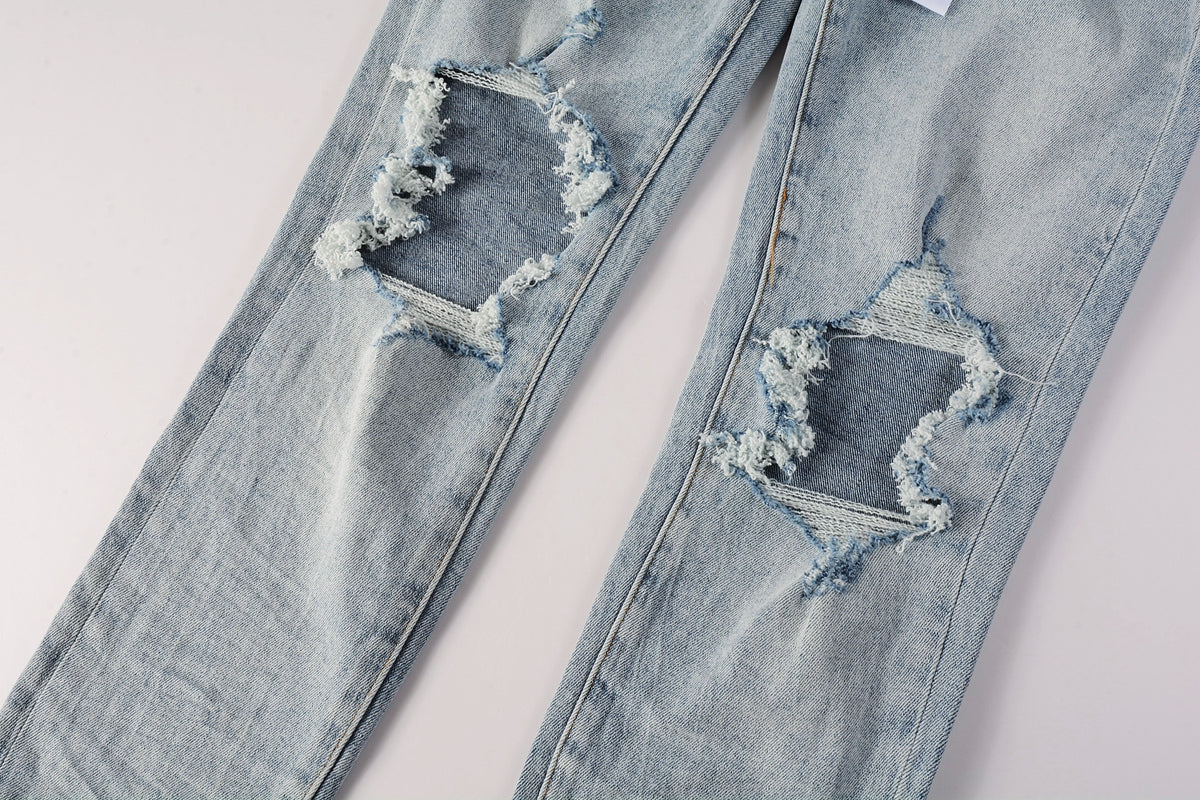 PURPLE Men Streetwear Skinny Jeans Light Blue Wash with Knee Ripped Details and Black Lining 9010
