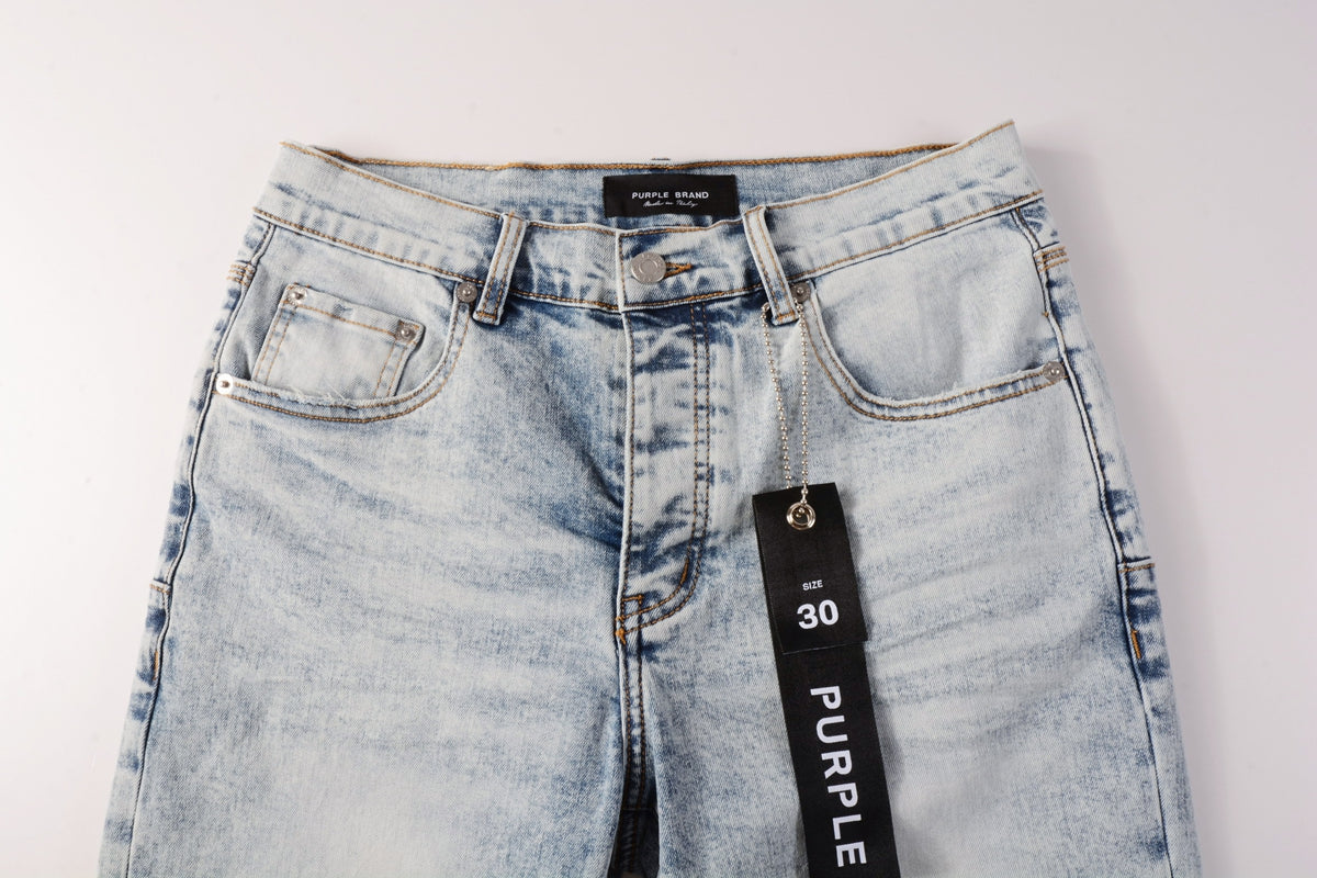 PURPLE Men Streetwear Denim Shorts Light Blue Wash with Vintage Distressed Raw Hem 5053