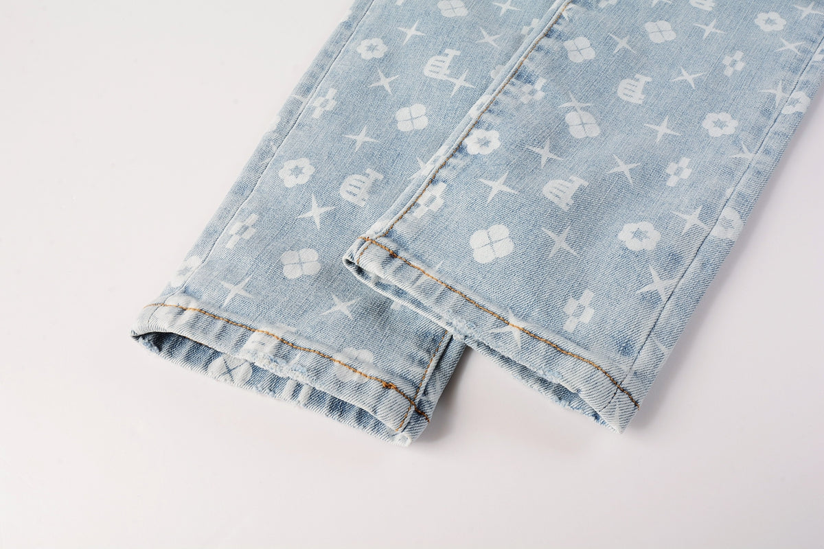 PURPLE Men Streetwear Skinny Jeans Light Blue Wash with All - Over Pattern Print 9089