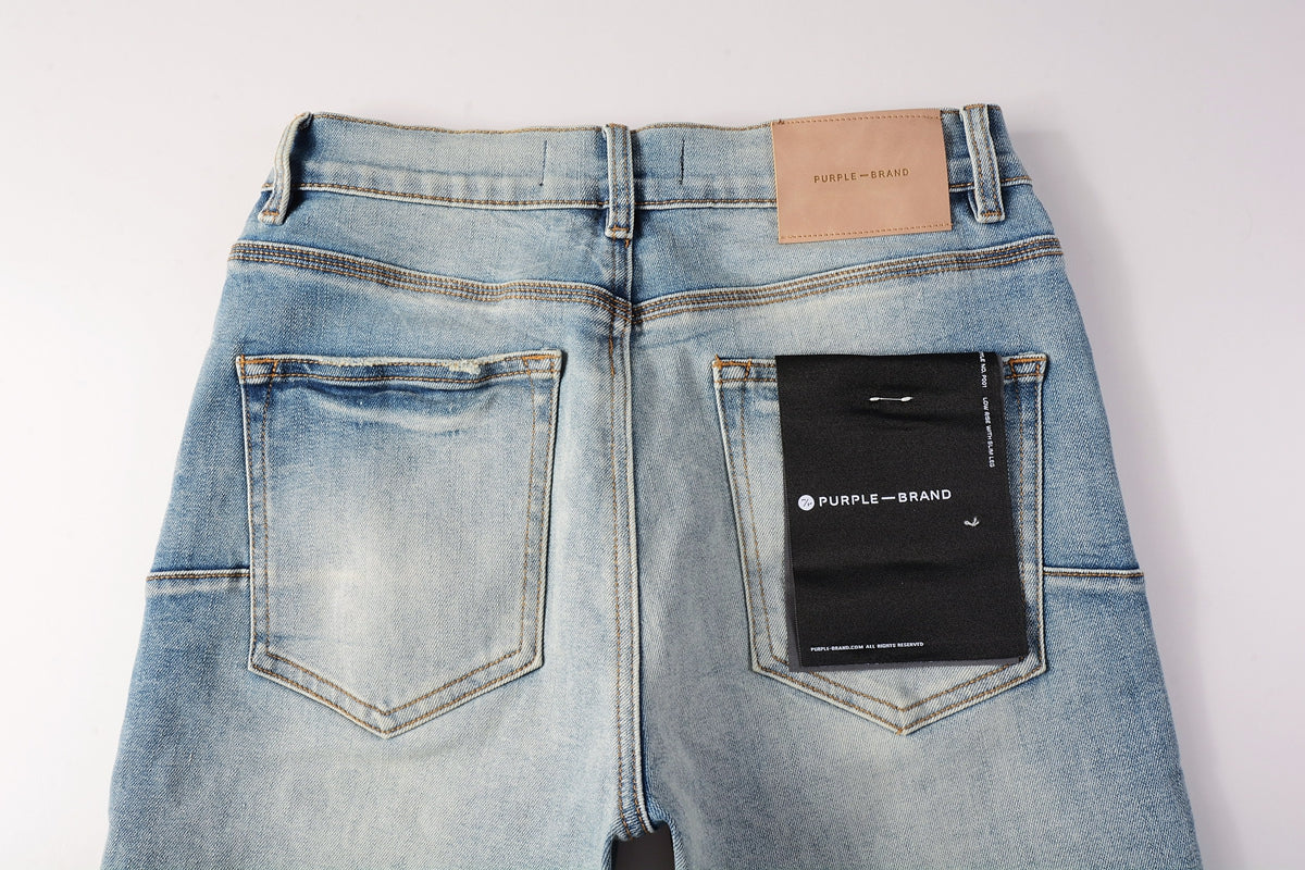 PURPLE Men Streetwear Denim Shorts Light Blue Wash with Raw Hem and Vintage Finish 5016