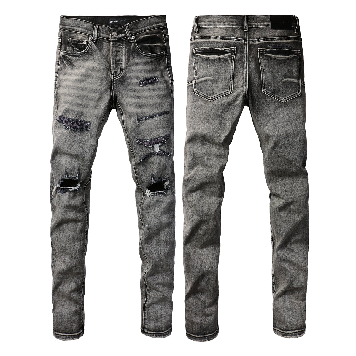 PURPLE Men Classic Streetwear Jeans Distressed Black Grey Ripped skinny 9068