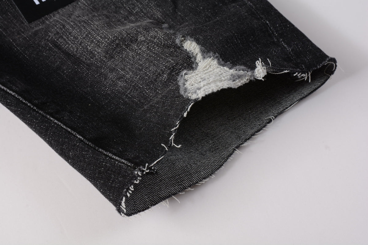 PURPLE Men Streetwear Denim Shorts Black Wash with Colorful Feather Print and Raw Hem 5085