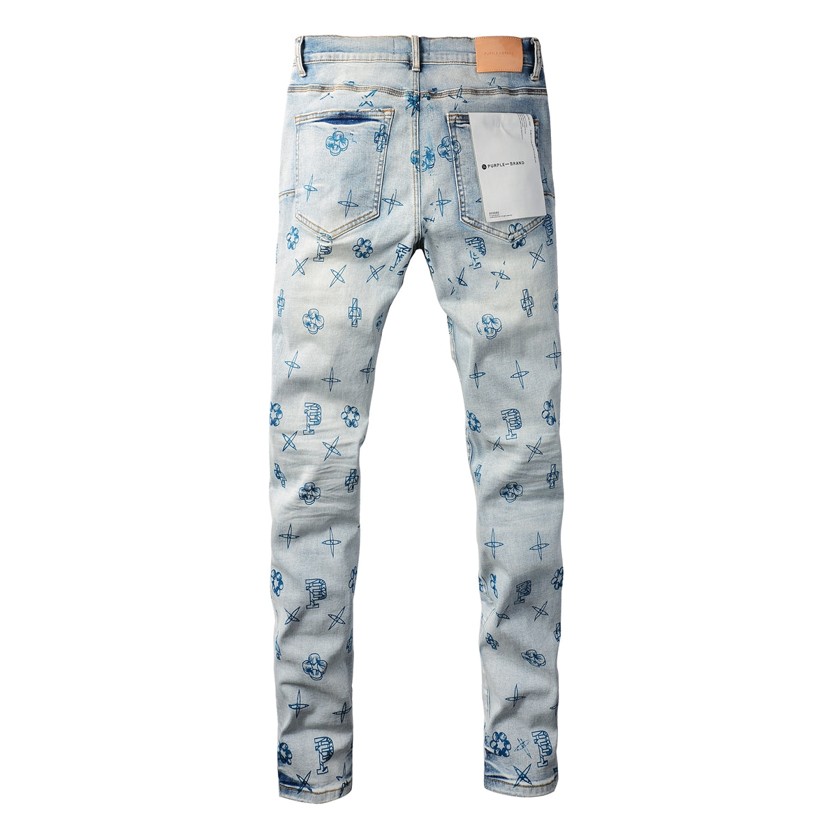 PURPLE Men Streetwear Skinny Jeans Light Blue Wash with White Paint Brush Strokes 9063