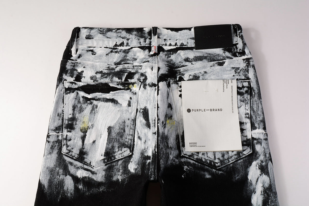 PURPLE Men Streetwear Skinny Jeans Black and White Graffiti Wash with Multi - Color Paint Accents 9020