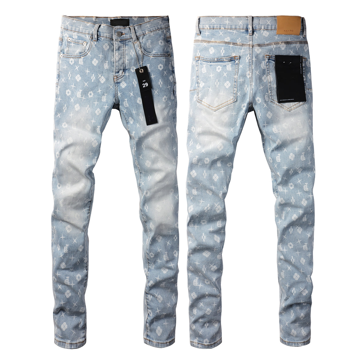 PURPLE Men Streetwear Skinny Jeans Light Blue Wash with All - Over Pattern Print 9089
