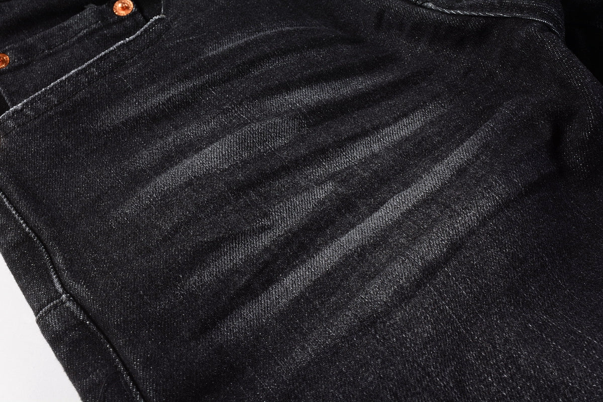PURPLE Men Streetwear Skinny Jeans Black Wash with Knee Rips and White Paint Specks 9035