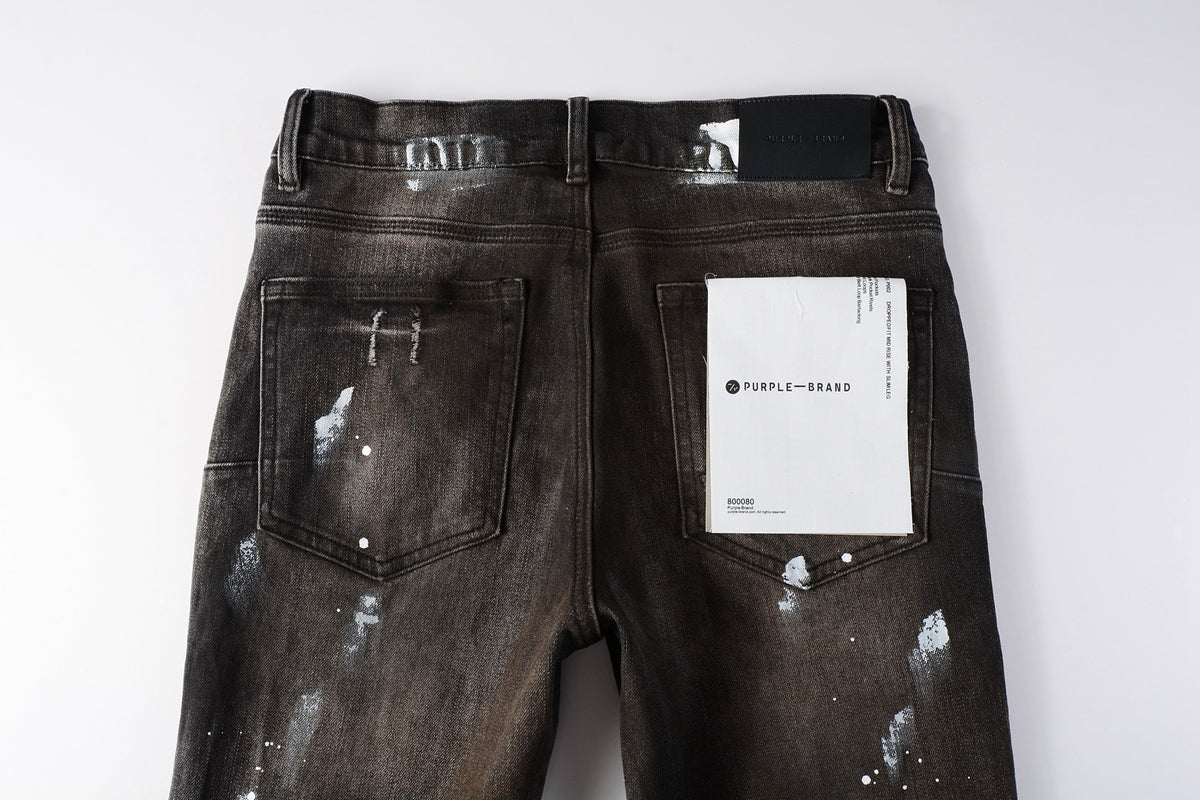PURPLE Men Streetwear Skinny Jeans Dark Gray Wash with White Paint Splatter and Distressed Rips 9030