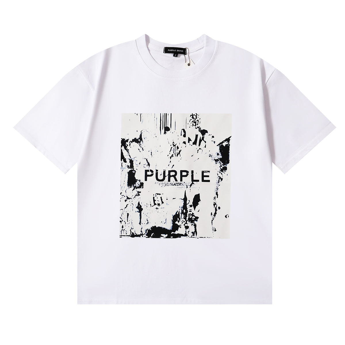 PURPLE Men Streetwear Short Sleeve Tee Black & White with Purple Brand Abstract Figure Print