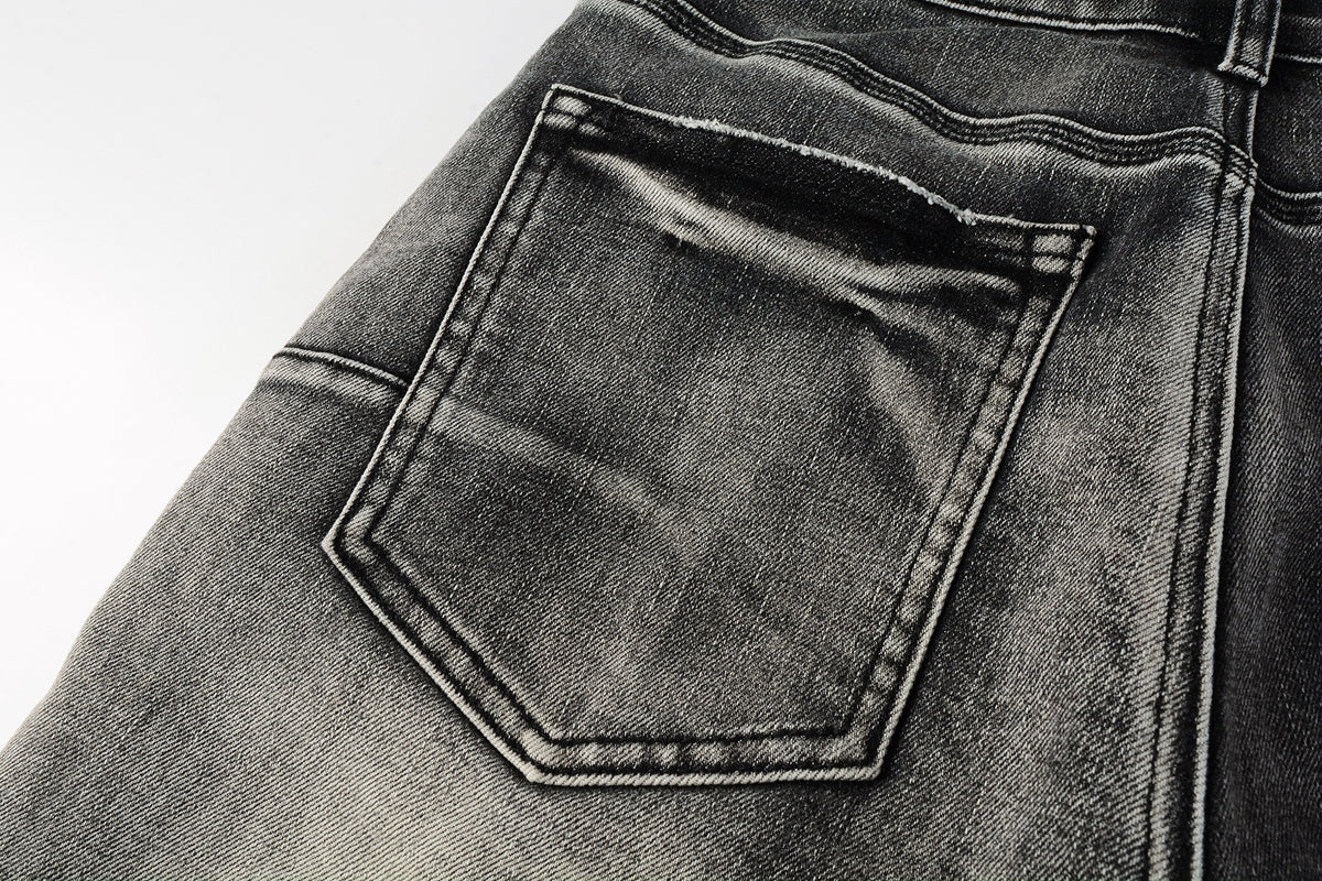 PURPLE Men Streetwear Denim Shorts Grey Black Wash with Leopard Print Ripped Details and Raw Hem 5068
