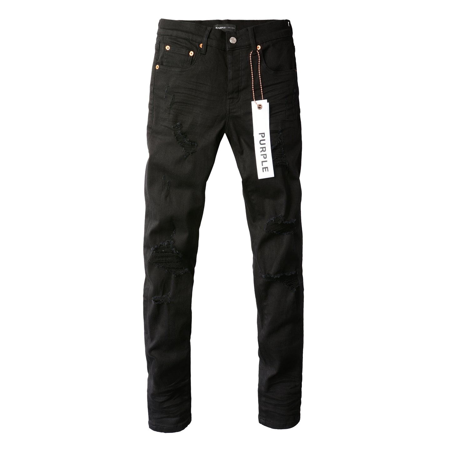 PURPLE Men Streetwear Skinny Jeans Black Wash with Distressed Rip Details 9022