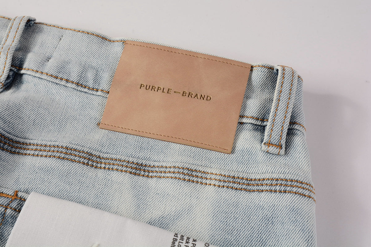 PURPLE Men Streetwear Skinny Jeans Light Blue Wash with White Brushstroke Texture 7017