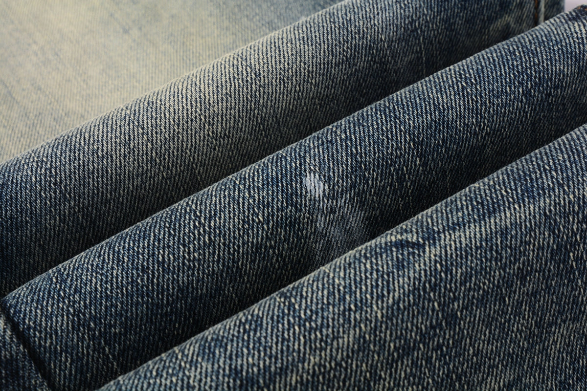 PURPLE Men Streetwear Skinny Jeans Light Blue Wash with White Paint Brush Strokes 9060
