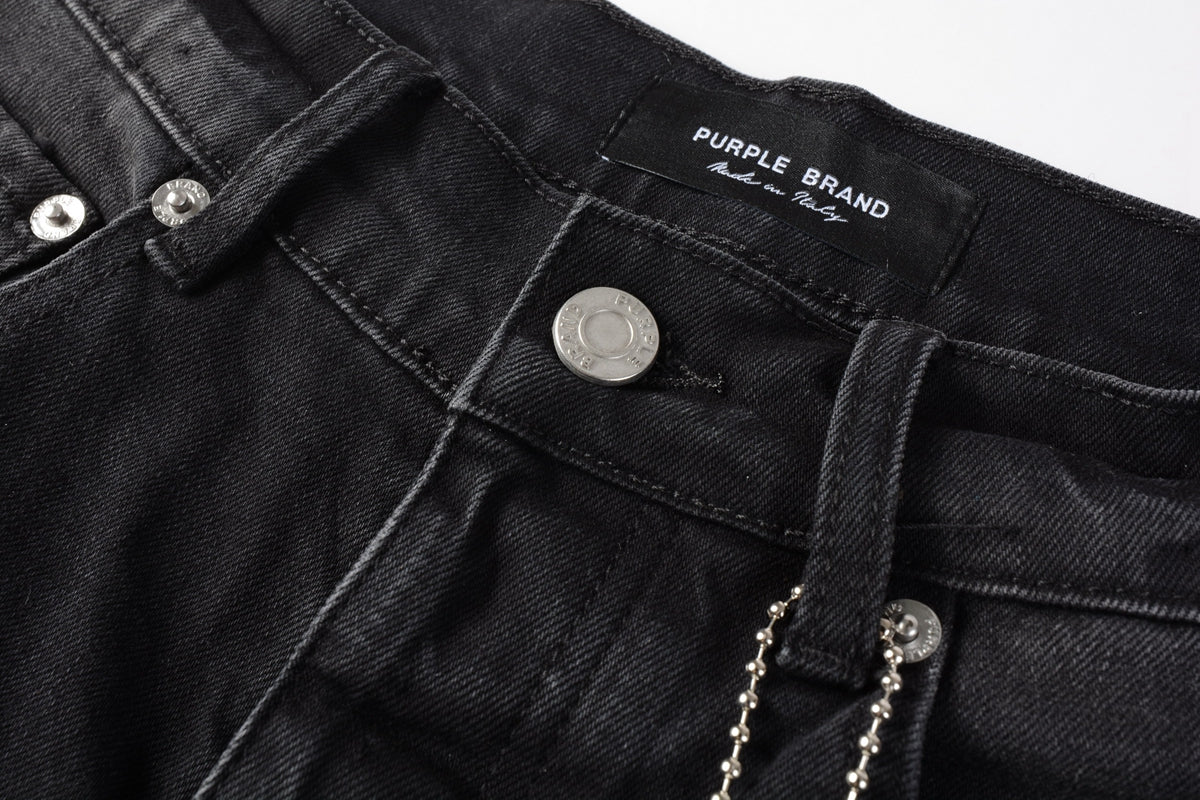 PURPLE Men Streetwear Denim Shorts Black Wash with White Paint Splashes and Raw Hem 5002
