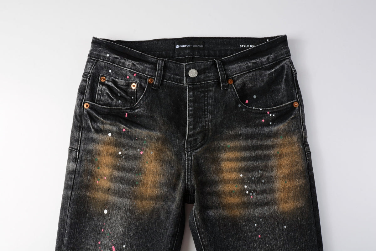 PURPLE Men’s Black Skinny Jeans with Rust-Toned Wash and Multicolor Paint Splatter Artistic Distressed Street 9109