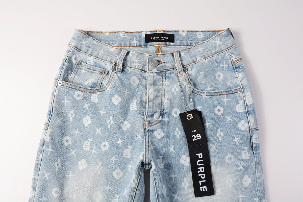 PURPLE Men Streetwear Skinny Jeans Light Blue Wash with All - Over Pattern Print 9089
