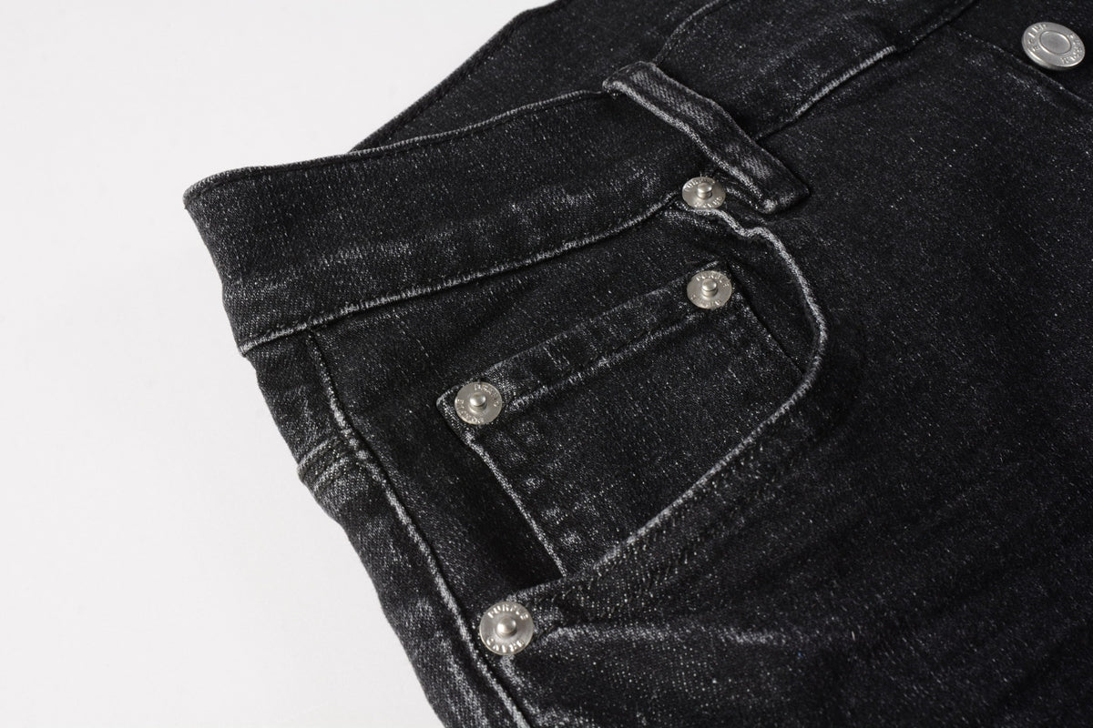PURPLE Men Streetwear Denim Shorts Black Wash with Colorful Feather Print and Raw Hem 5085