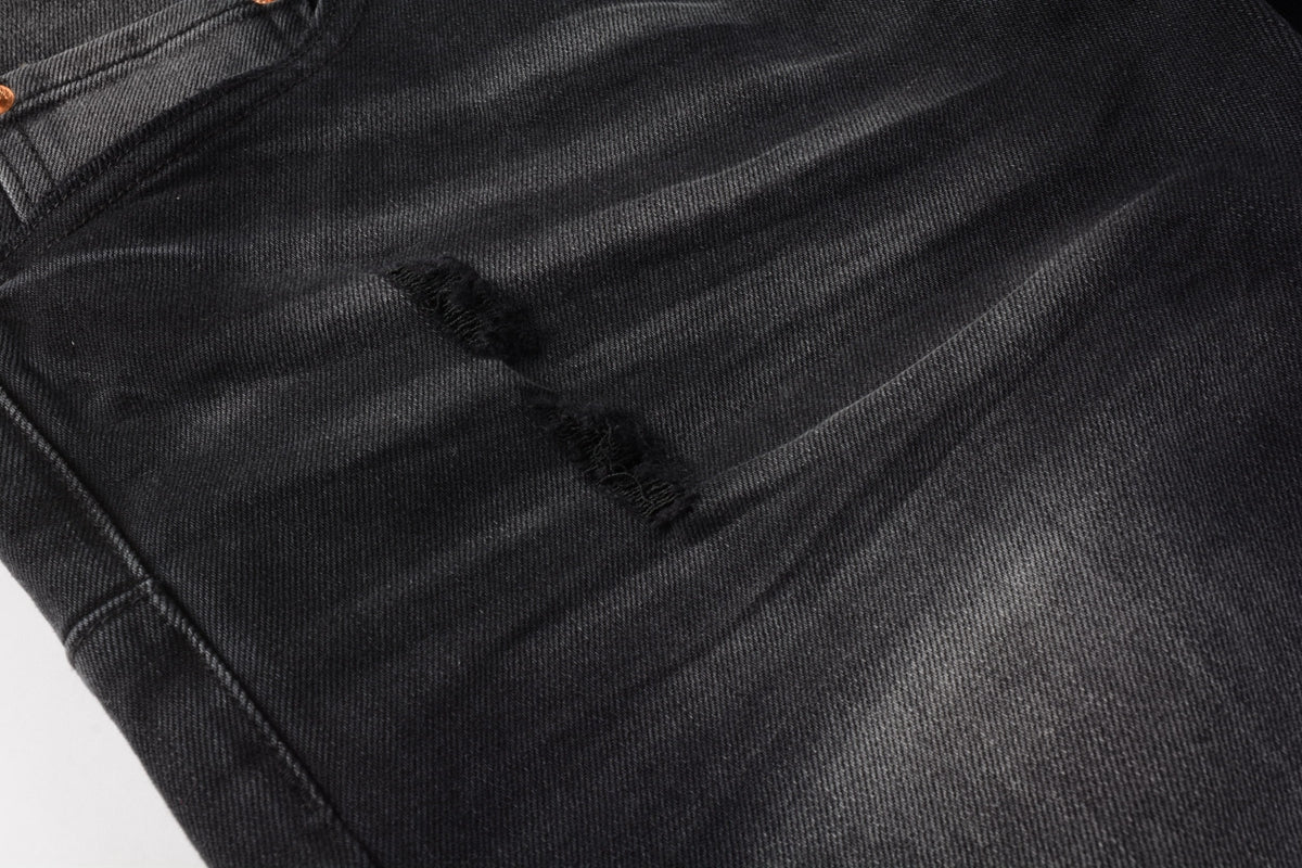 PURPLE Men Streetwear Skinny Jeans Black Wash with Knee Ripped Details 9029