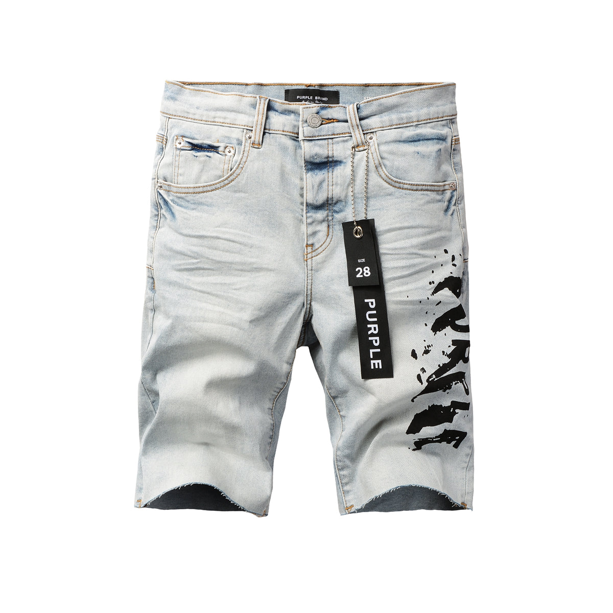 PURPLE Men Streetwear Denim Shorts Light Blue Wash with Black Paint Streak Print and Raw Hem 5048