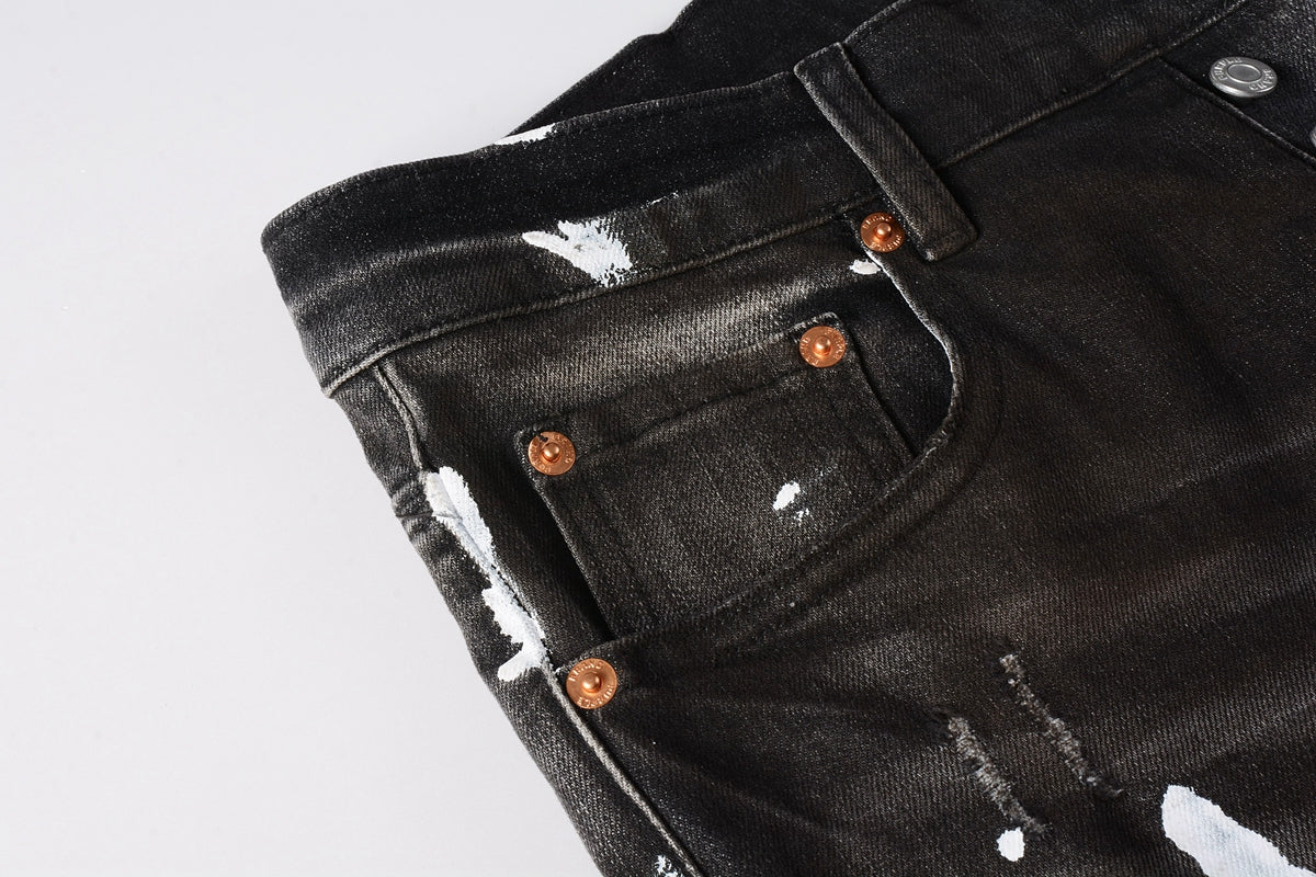 PURPLE Men Streetwear Skinny Jeans Dark Gray Wash with White Paint Splatter and Distressed Rips 9030