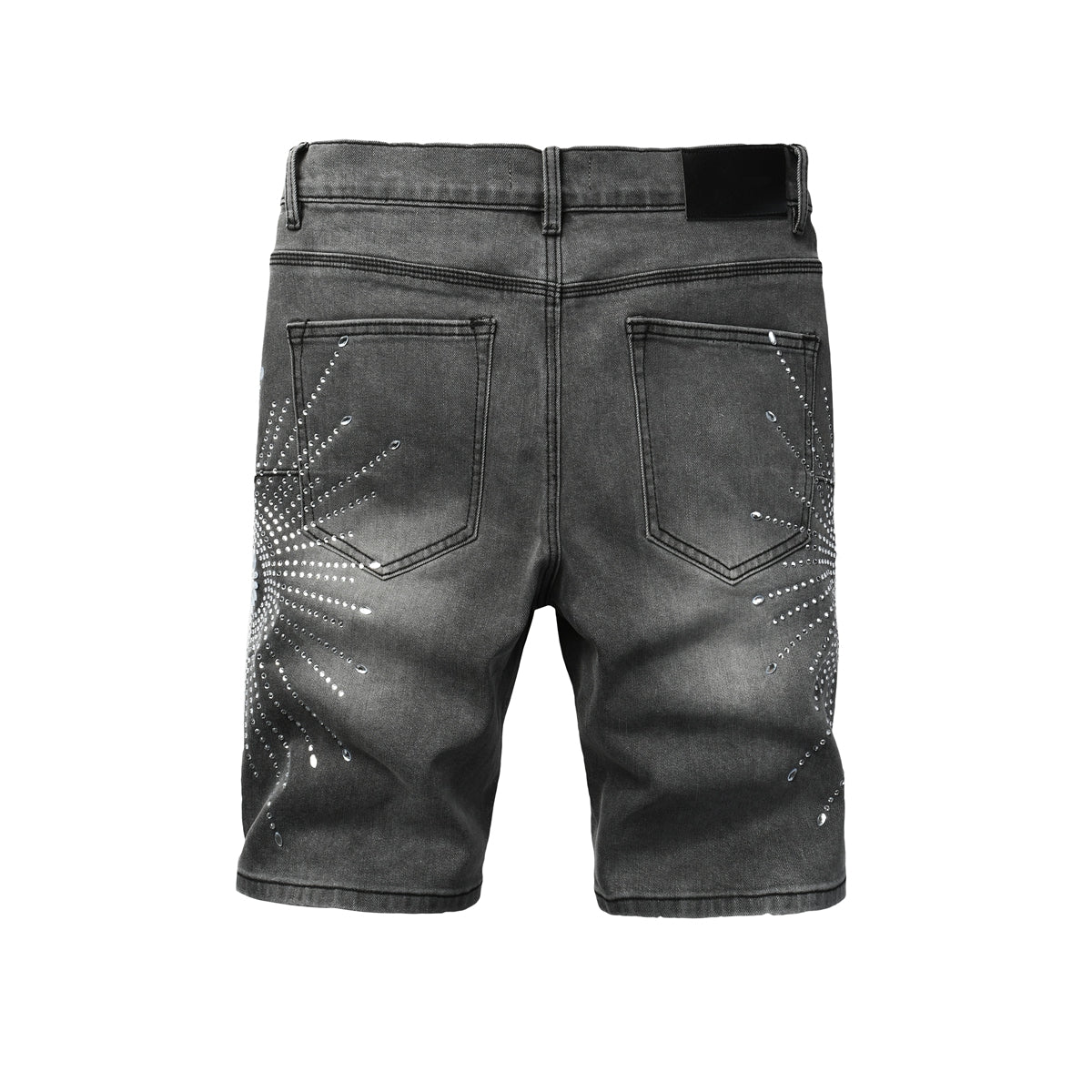 PURPLE Men Streetwear Grey Denim Shorts with Radial Rhinestone Burst Patterns 5094
