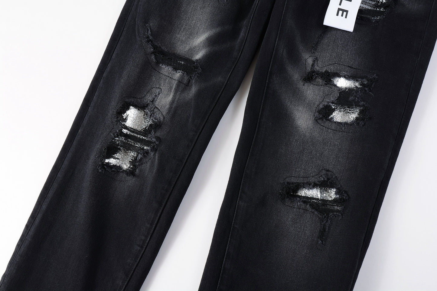PURPLE Men Streetwear Skinny Jeans Black Wash with Distressed Rips, Checkered Patches and White Paint Splatter 9001