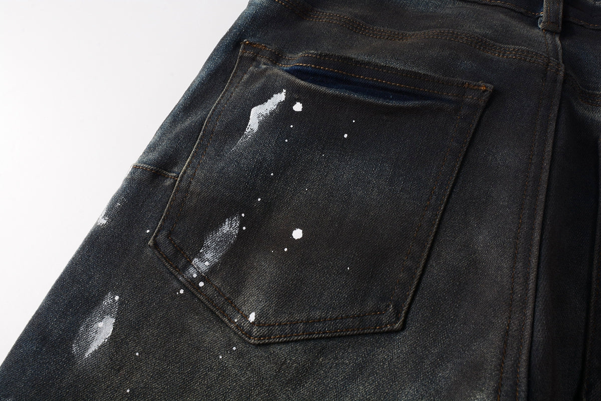 PURPLE Men Streetwear Skinny Jeans Dark Gray Wash with White Paint Splatter and Brush Strokes 9036