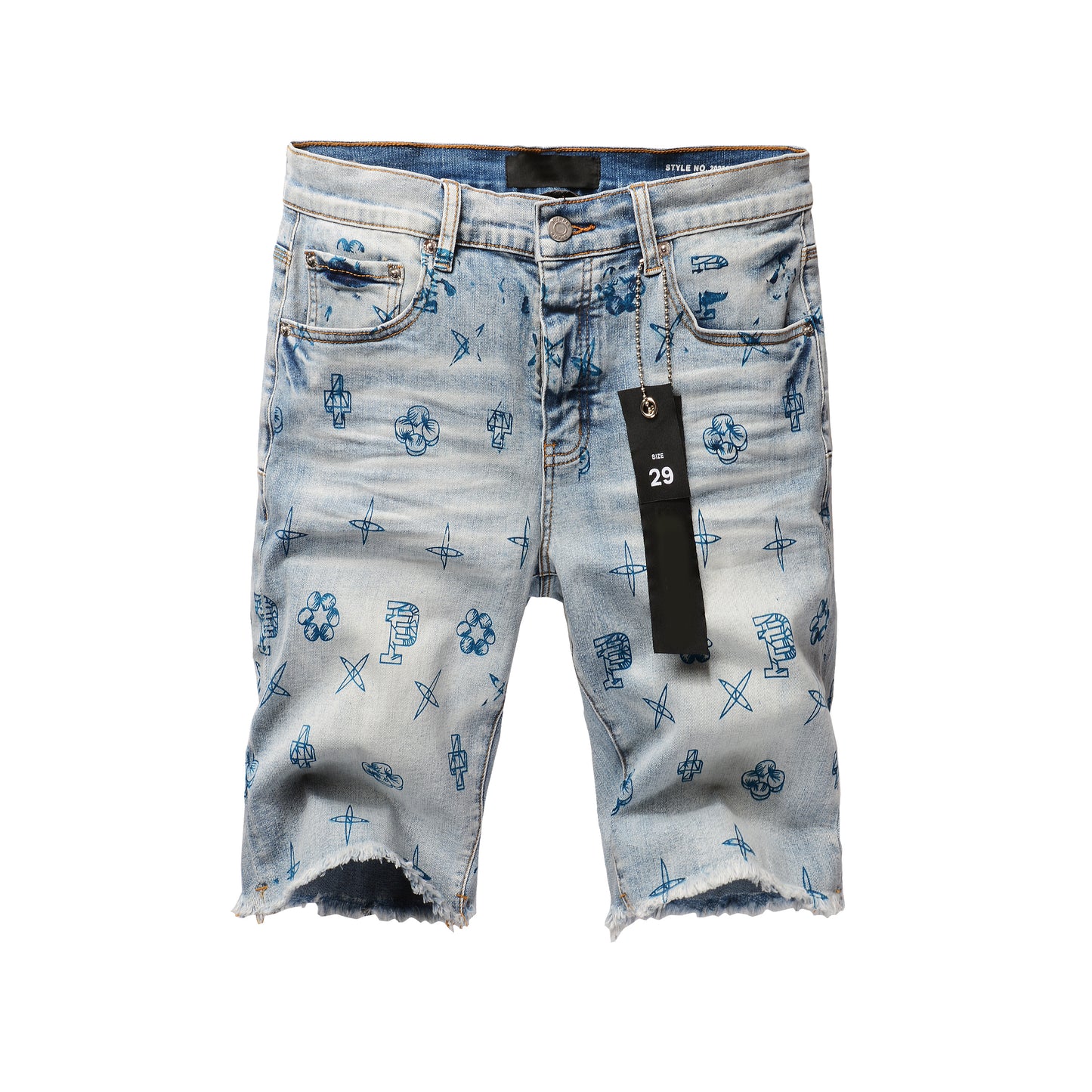 PURPLE Men Streetwear Denim Shorts Light Blue Wash with Blue Graphic Print and Raw Hem 5063