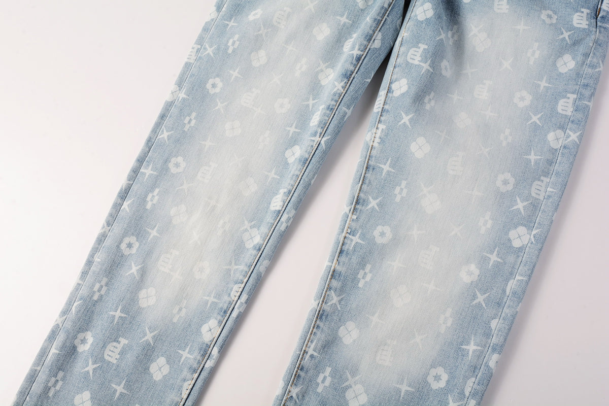 PURPLE Men Streetwear Skinny Jeans Light Blue Wash with All - Over Pattern Print 9089