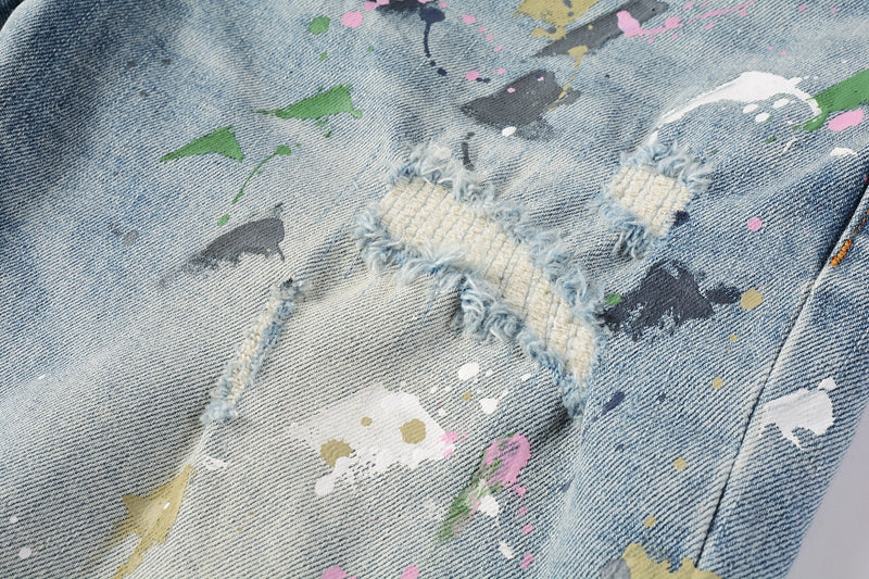 PURPLE Men Streetwear Denim Shorts Light Blue Wash with Colorful Paint Splashes and Distressed Raw Hem 5066