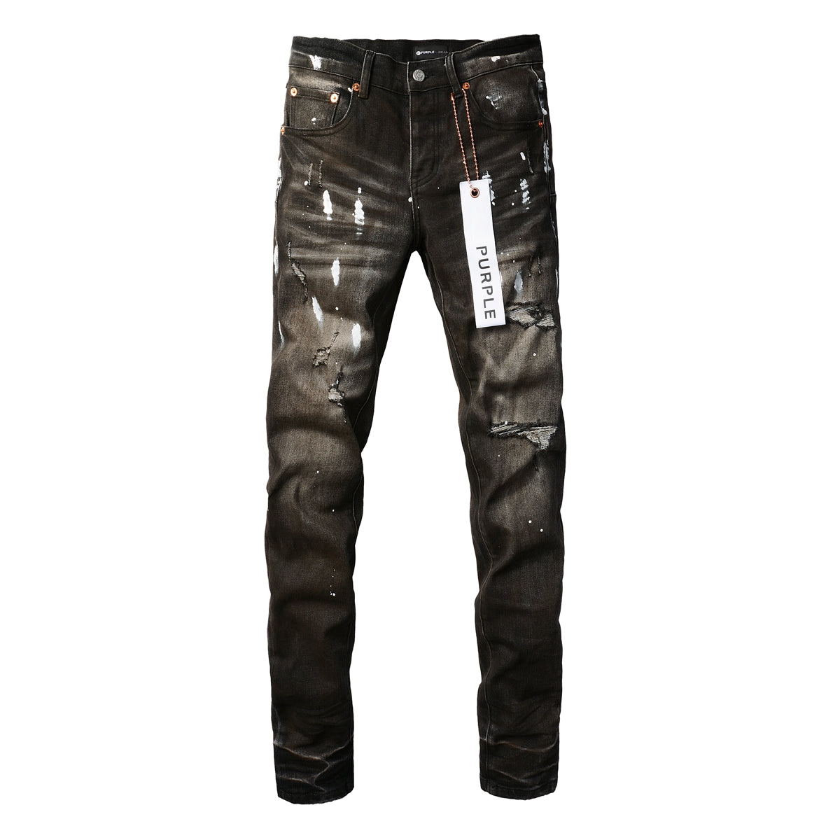 PURPLE Men Streetwear Skinny Jeans Dark Gray Wash with White Paint Splatter and Distressed Rips 9030
