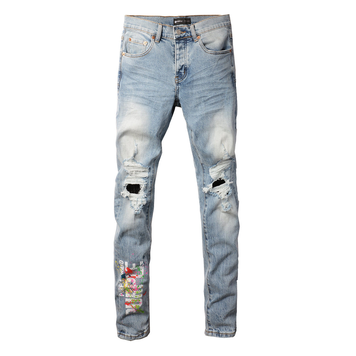PURPLE Men Streetwear Jeans Light Blue Ripped Graffiti Print Distressed skinny 9101