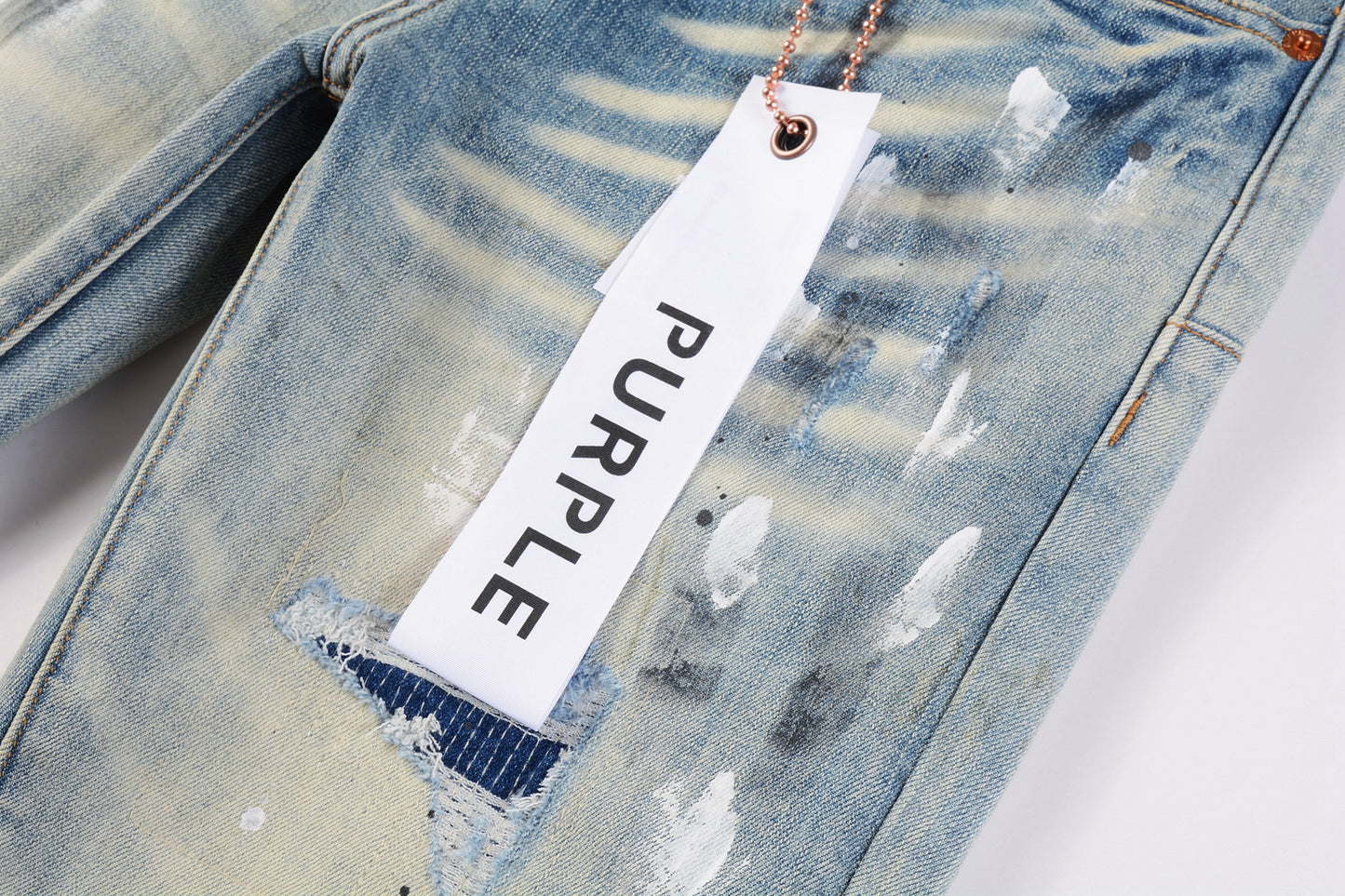 PURPLE Men Streetwear Skinny Jeans Light Blue Wash with White Paint Splatter and Distressed Rips 9007