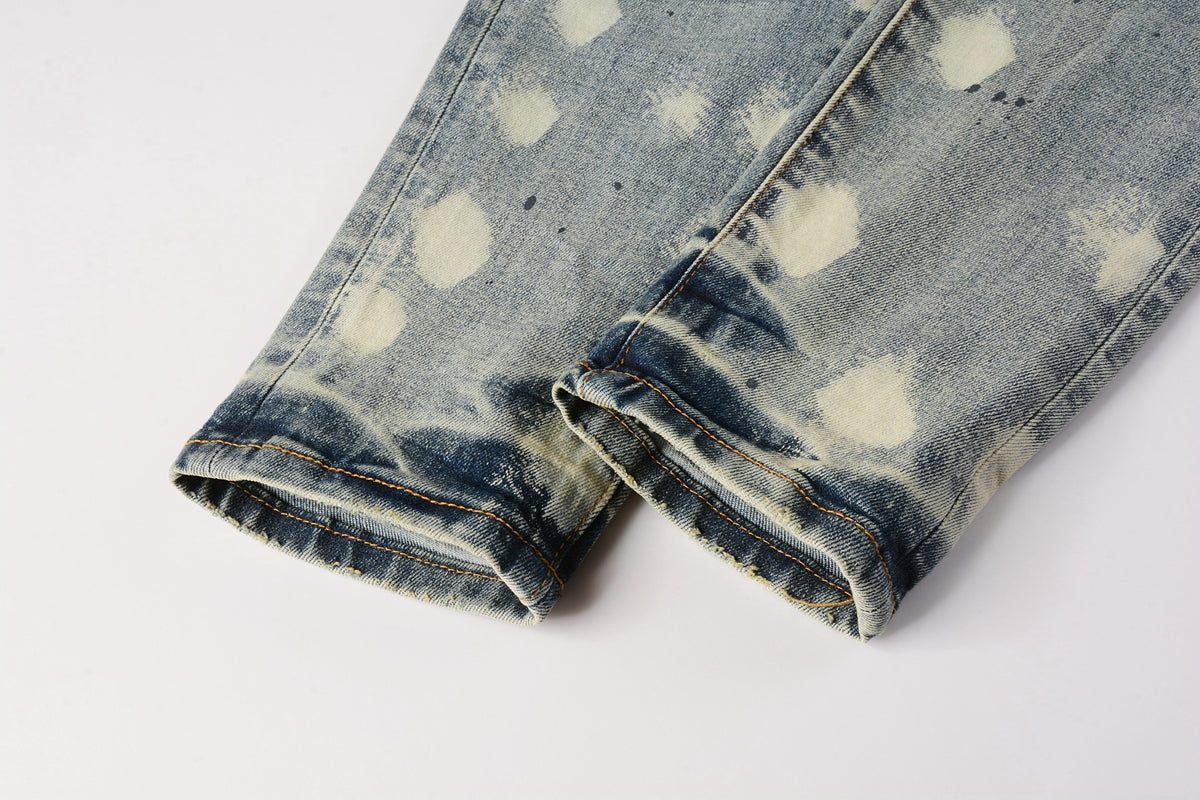 PURPLE Men Streetwear Jeans Distressed Light Blue Paint Dot Ripped skinny 9092