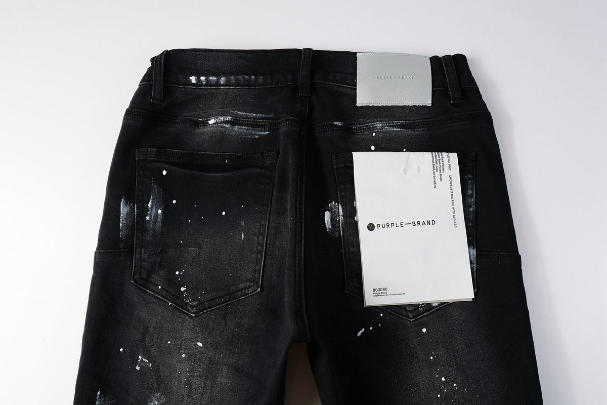 PURPLE Men Streetwear Skinny Jeans Black Fade Wash with White Paint Splatter and Distressed Rips 9002