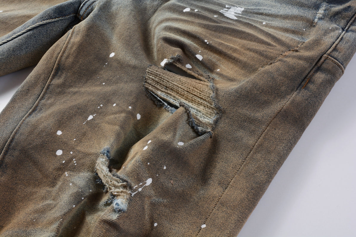PURPLE Men Streetwear Denim Shorts Brownish Wash with White Paint Splashes and Distressed Raw Hem 5012