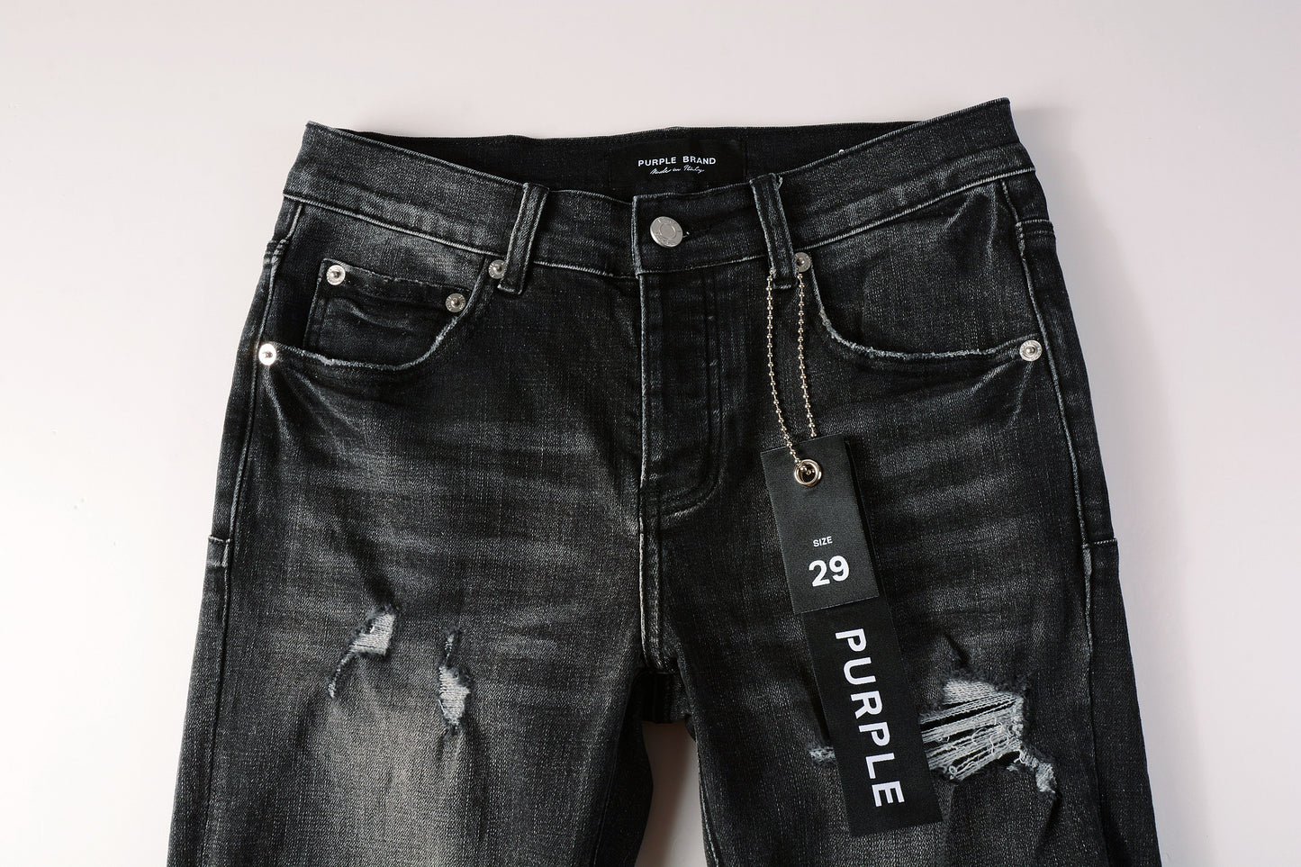PURPLE Men Streetwear Skinny Jeans Dark Gray Wash with Heavy Distressed Ripped Details 9079