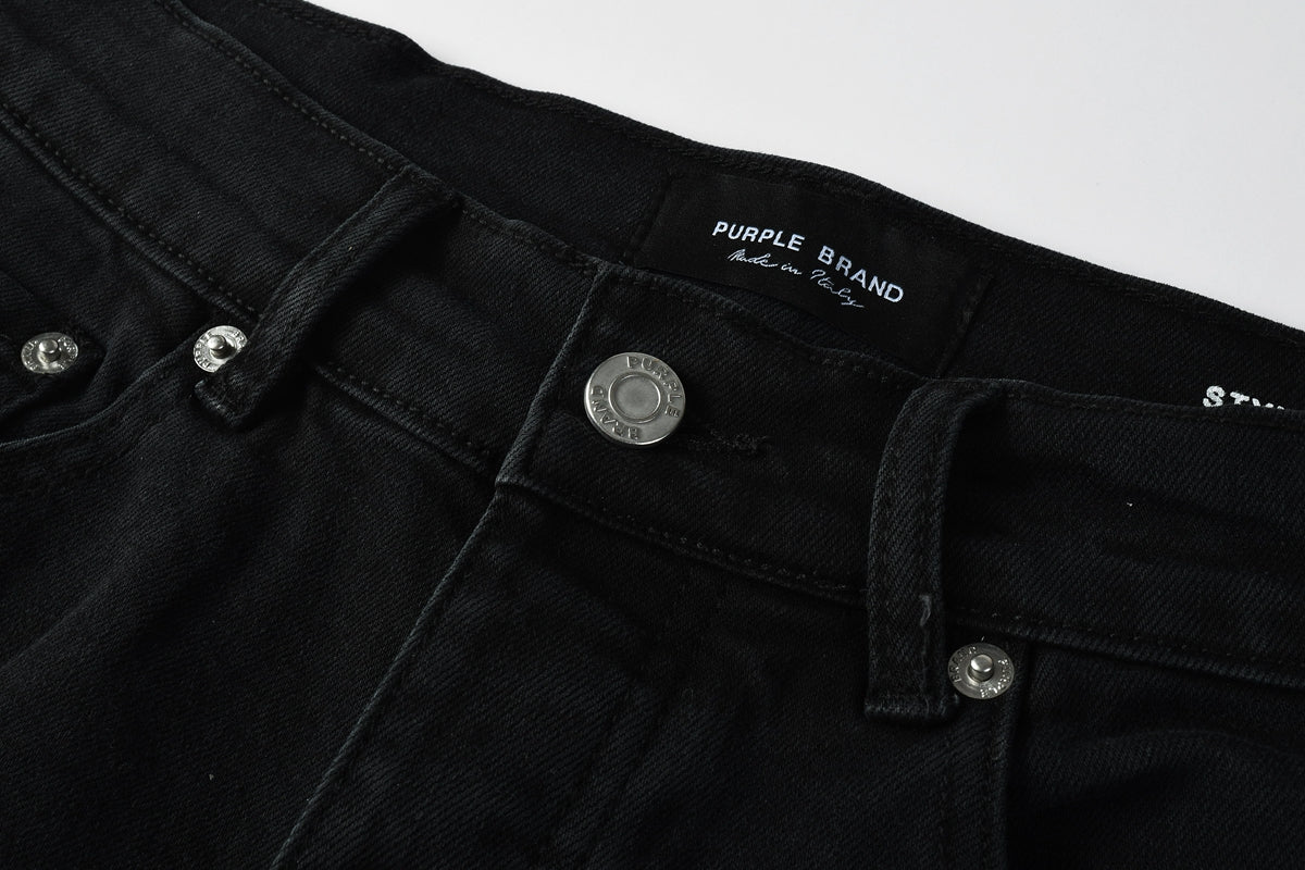 PURPLE Men Streetwear Black Denim Shorts with Distressed Ripped Details and Raw Hem 5108