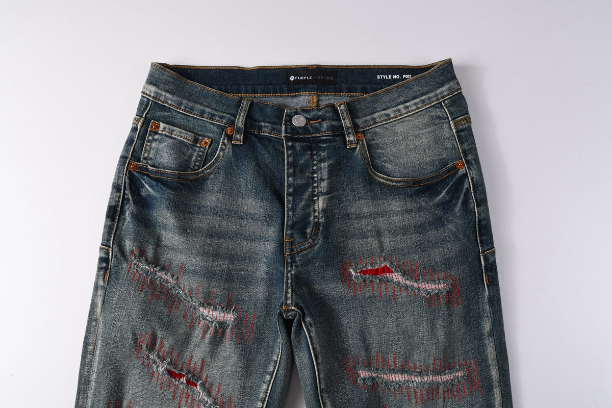 PURPLE Men Streetwear Skinny Jeans Light Blue Wash with Red - Patched Distressed Details 9114