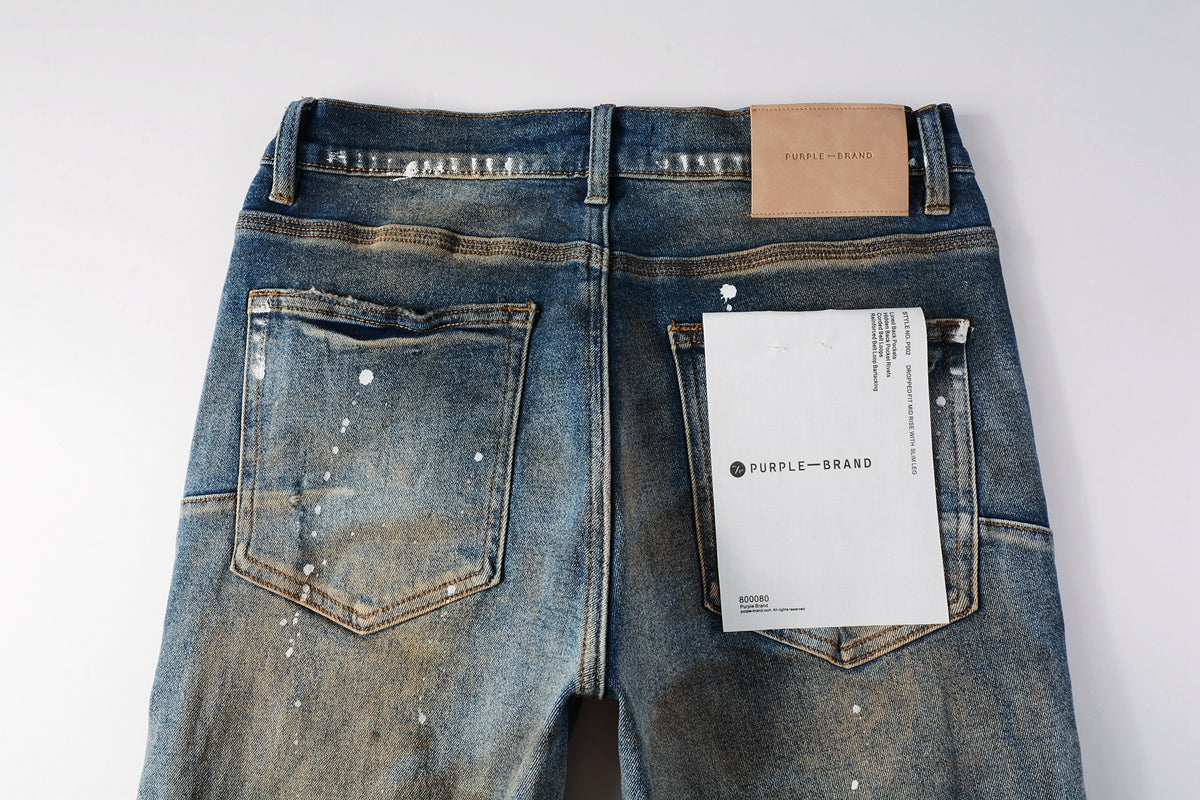 PURPLE Men Streetwear Skinny Jeans Light Blue Wash with Distressed Rips and White Paint Splatter 9012