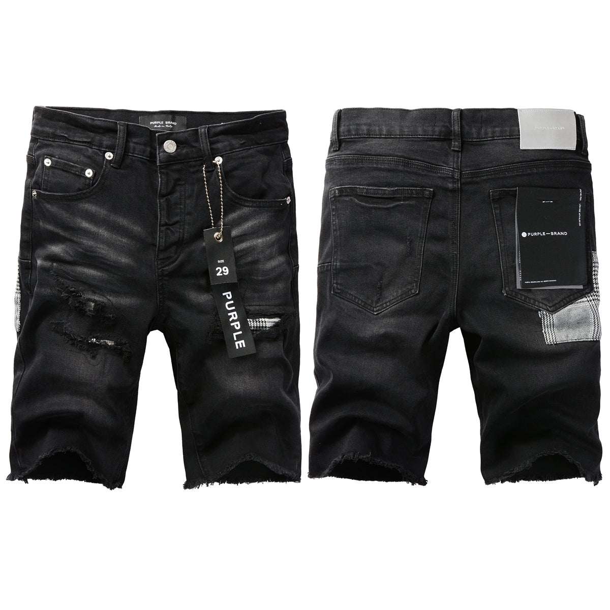 PURPLE Men Streetwear Denim Shorts Black Wash with Distressed Rips and Plaid Patches 5001