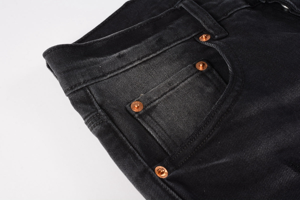 PURPLE Men Streetwear Skinny Jeans Black Wash with Knee Ripped Details 9029
