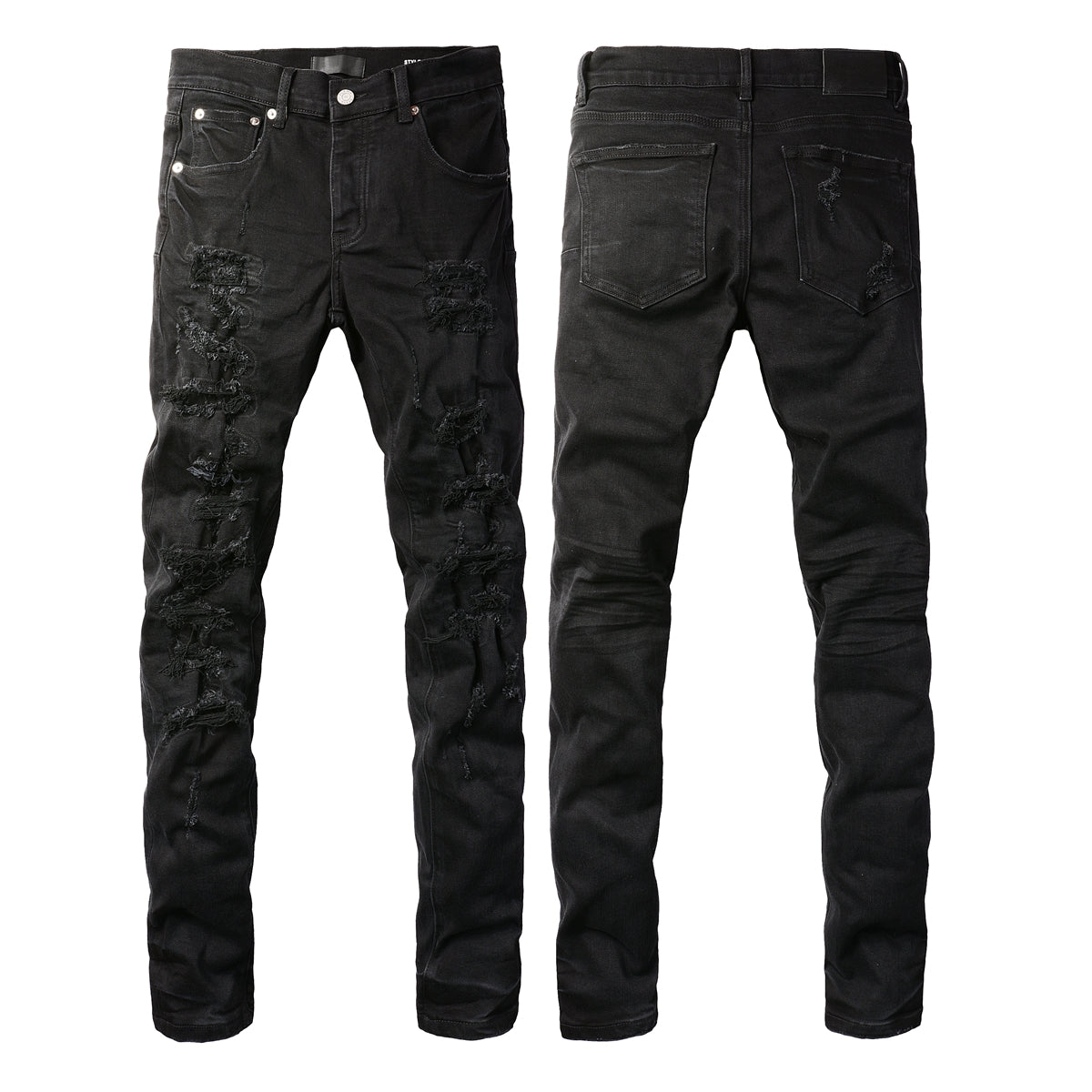 PURPLE Men Distressed Black Skinny Jeans with Heavy Ripped Design and Grunge Streetwear Vibe 9108