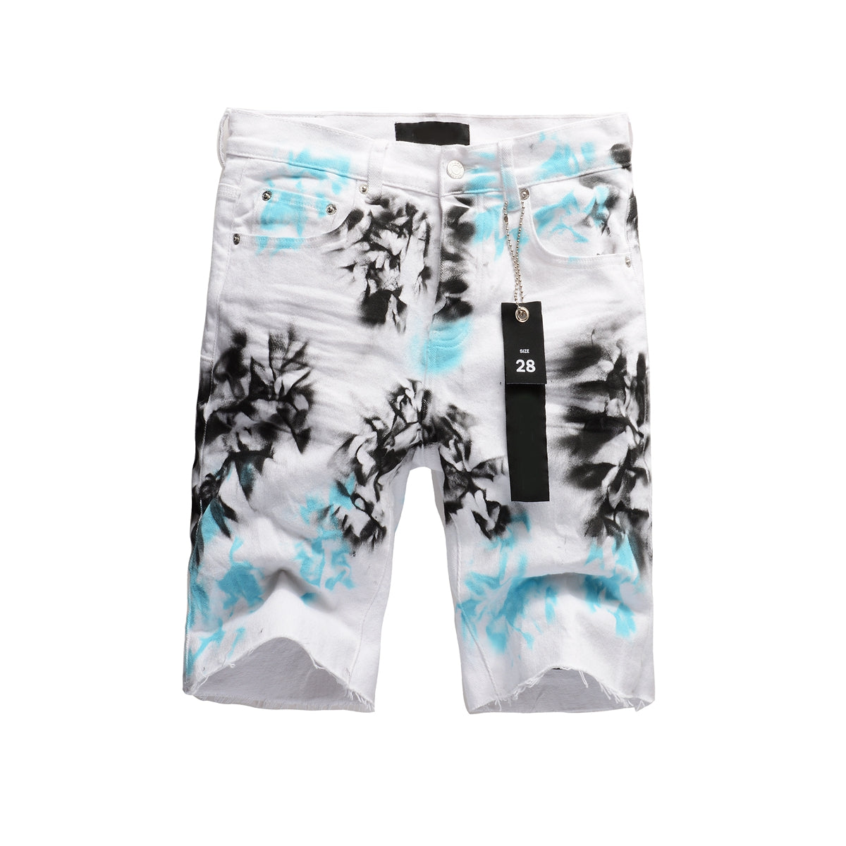 PURPLE Men Streetwear Denim Shorts White Wash with Blue - Black Ink Floral Print and Raw Hem 5065