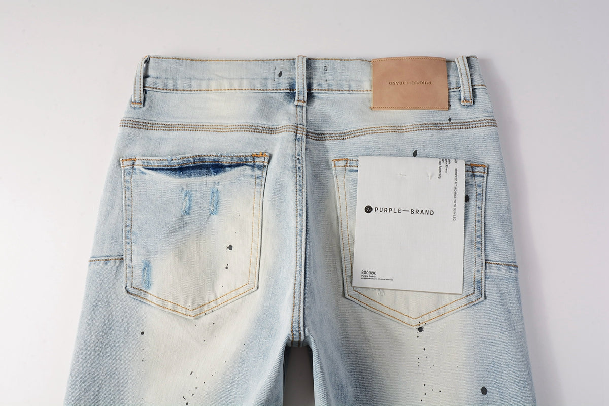 PURPLE Men Streetwear Skinny Jeans Light Blue Wash with White Paint Splatter and Subtle Distress 9006