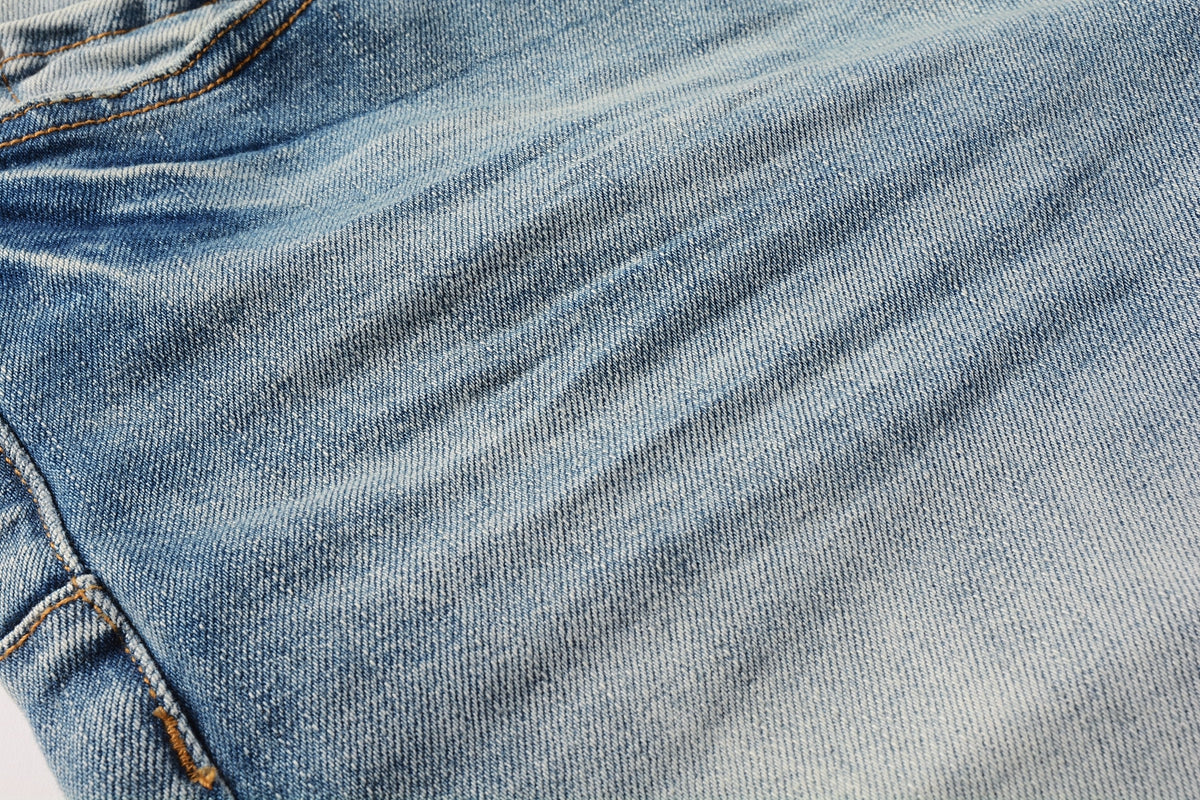 PURPLE Men Streetwear Denim Shorts Light Blue Wash with Raw Hem and Vintage Finish 5016