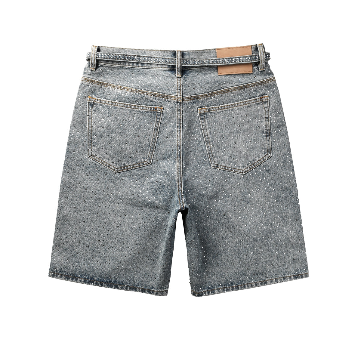 PURPLE Men Streetwear Straight Denim Shorts Grey Wash with Rhinestone Speckles and Seam Accents 5096
