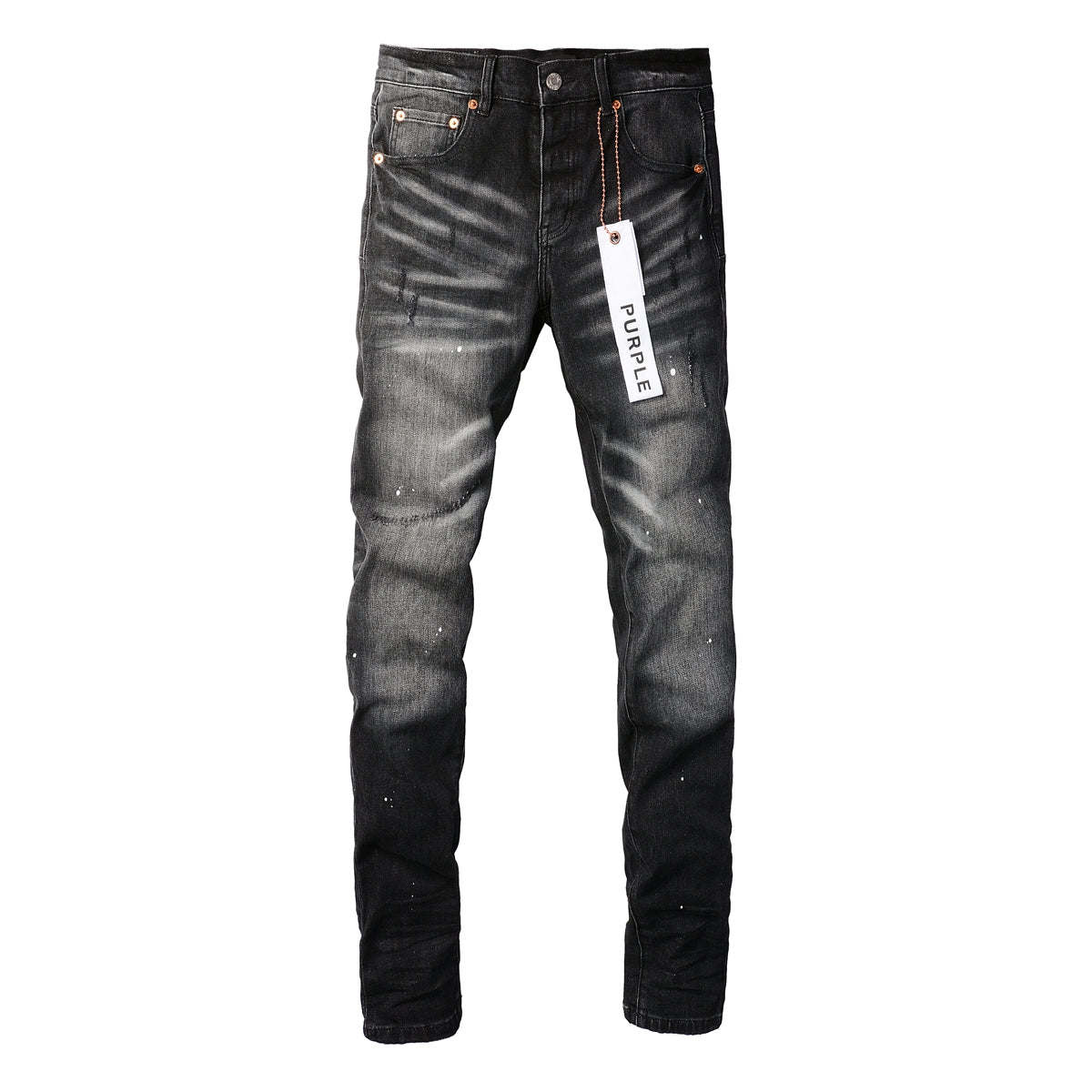 PURPLE Men Streetwear Skinny Jeans Black - Gray Fade Wash with White Paint Specks 9027