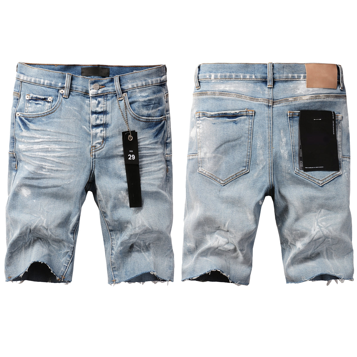 PURPLE Men Streetwear Light Blue Denim Shorts with Vintage Wash and Raw Hem Finish 5091